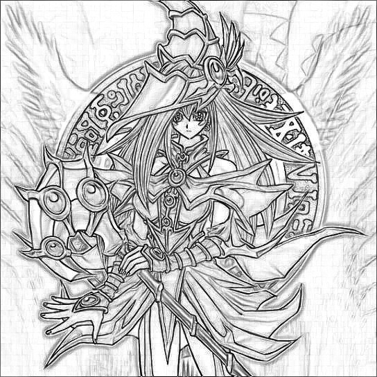 Coloriage de Yu-Gi-Oh! avec un duel de cartes sur fond de ville