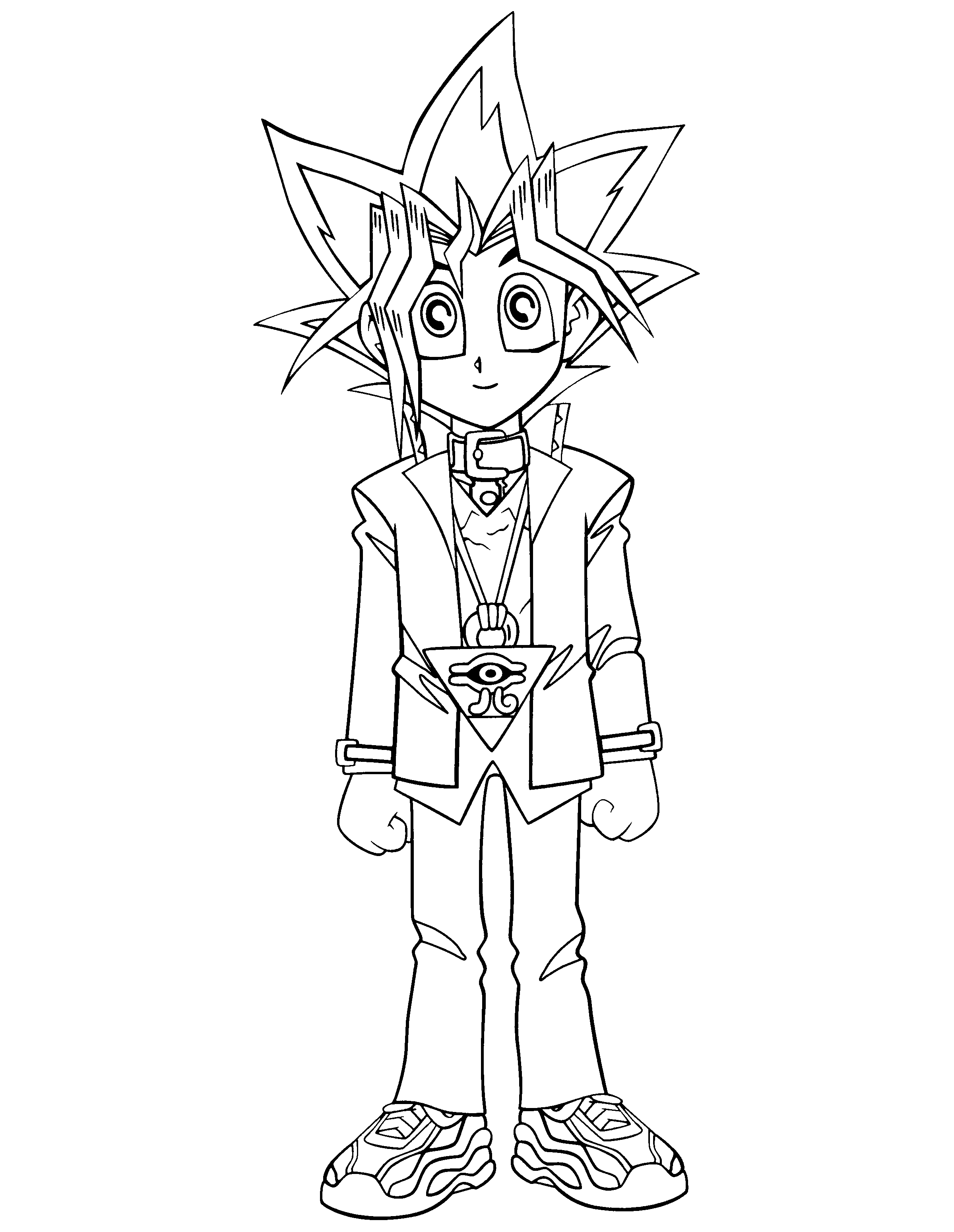 Personnage de Yu-Gi-Oh! avec cartes dans un décor de duel