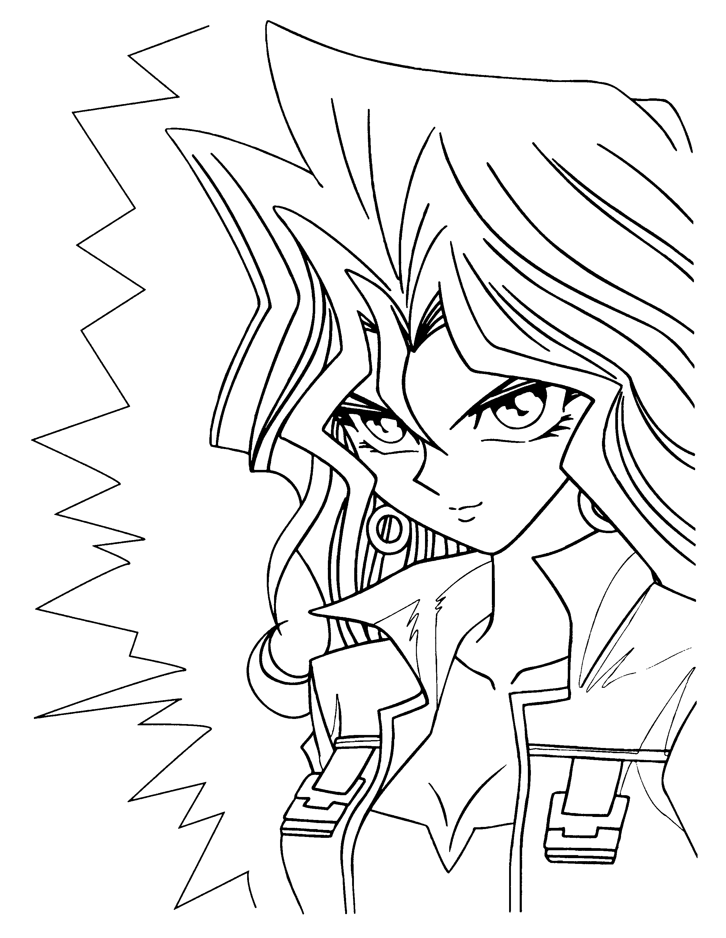 Coloriage de Yu-Gi-Oh! avec un duel de cartes sur fond de château
