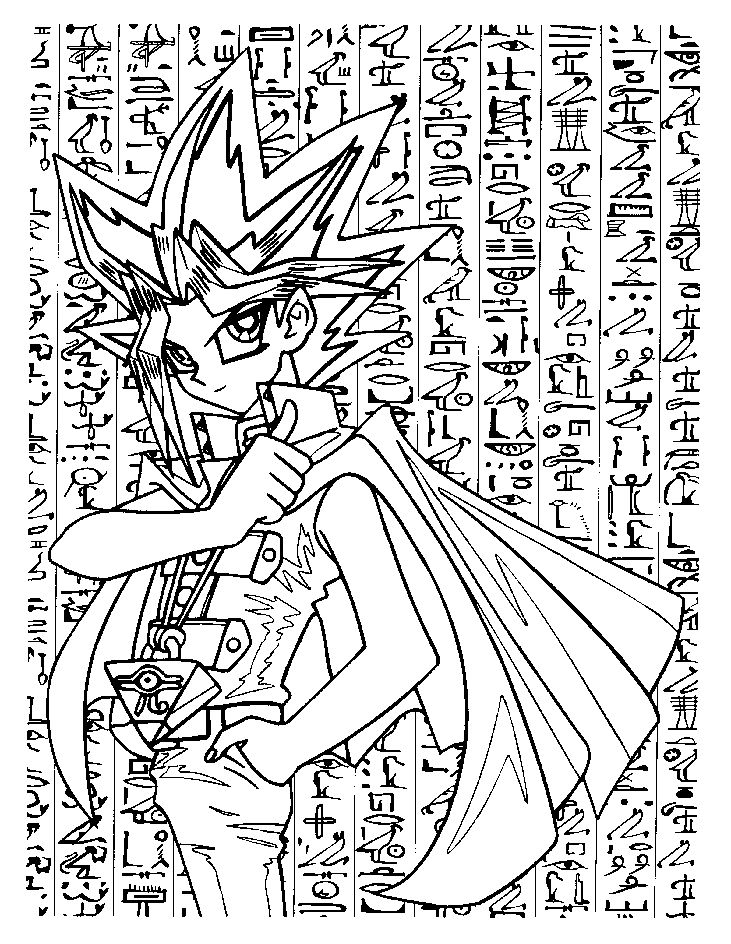 Coloriage de Yugi Muto en pleine action dans un duel de cartes