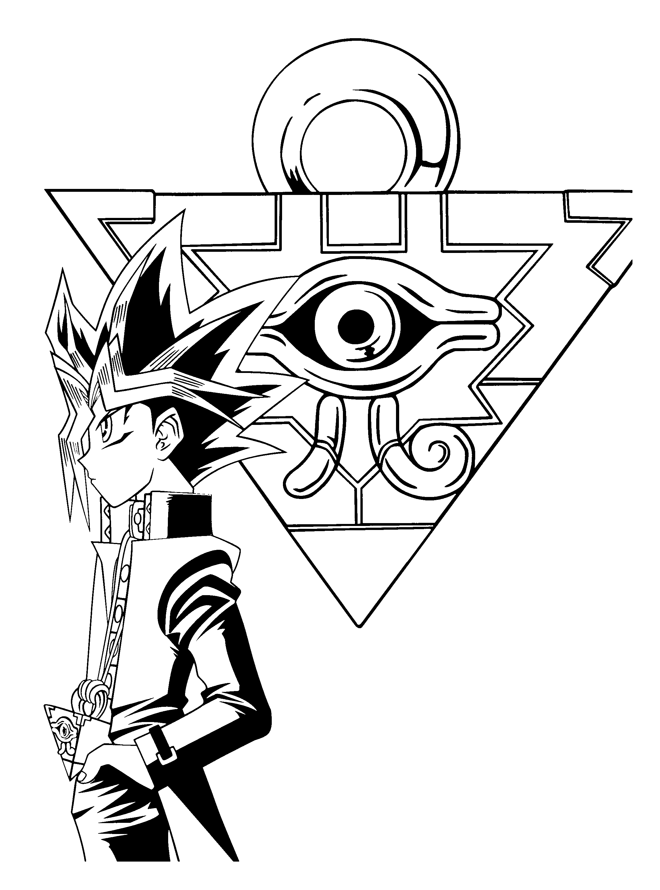 Coloriage de Yugi Muto et son monstre dans un duel dynamique