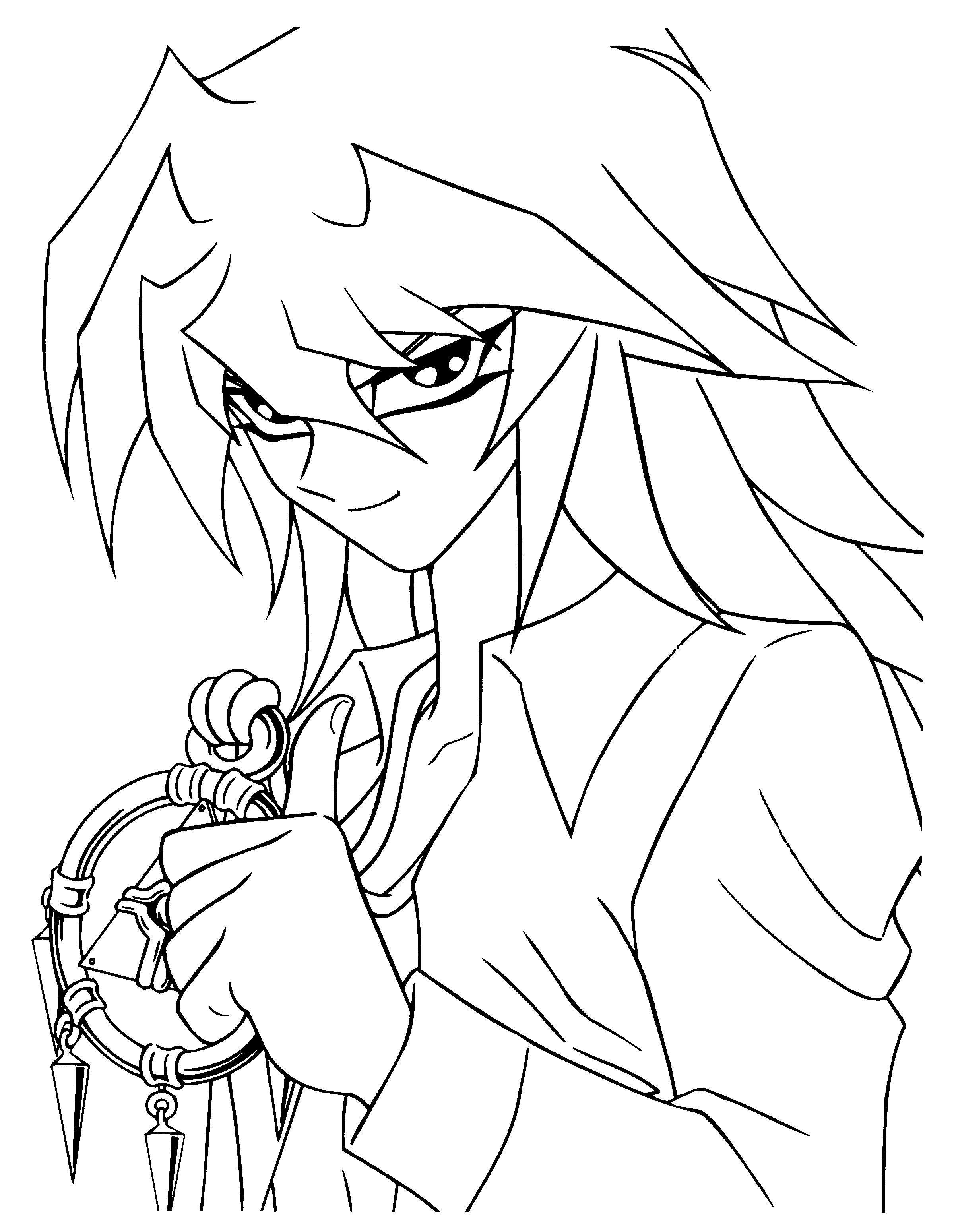 Coloriage de Yugi Muto en plein duel de cartes dans un décor dynamique