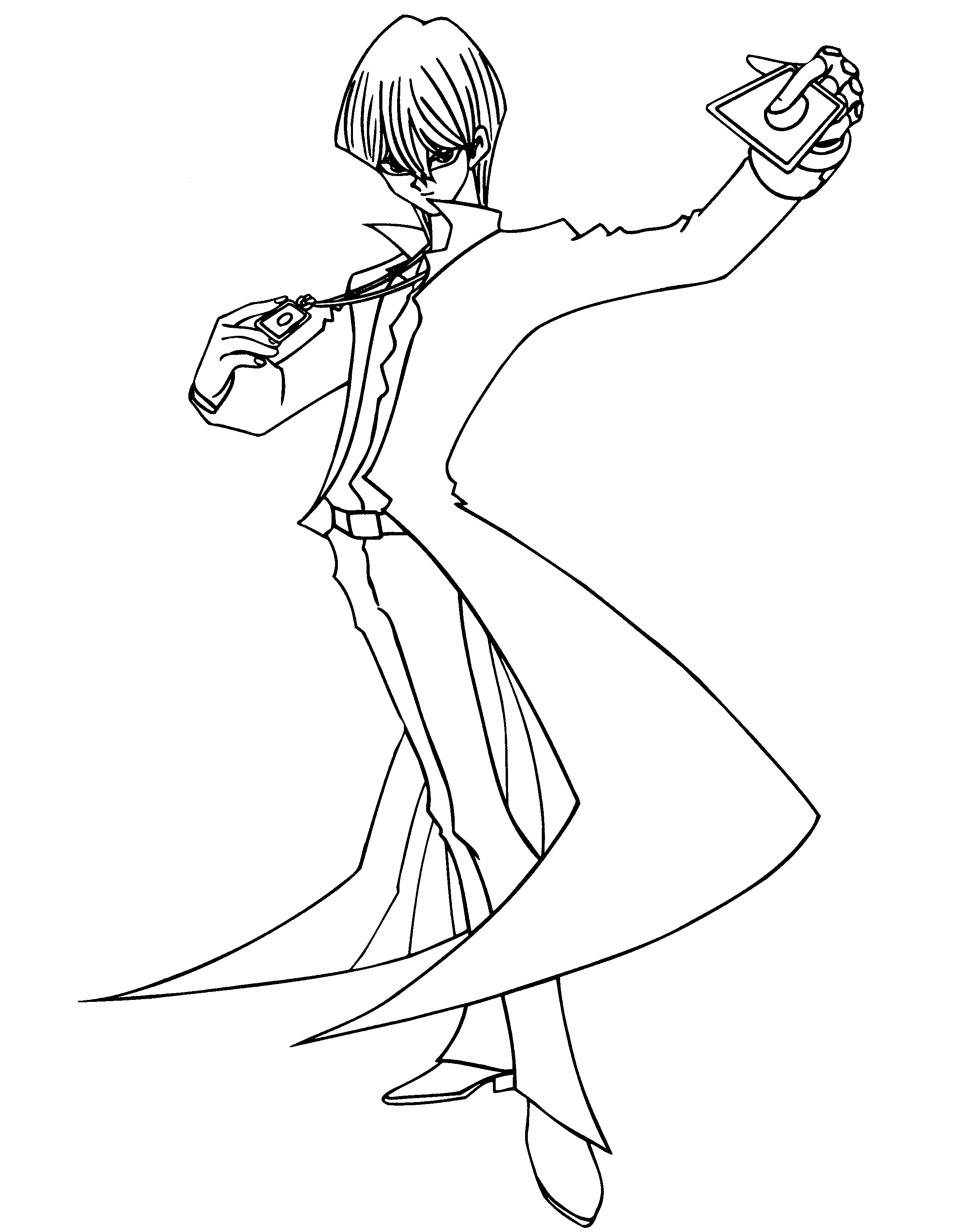 Coloriage de Yugi Muto en pleine action avec ses cartes
