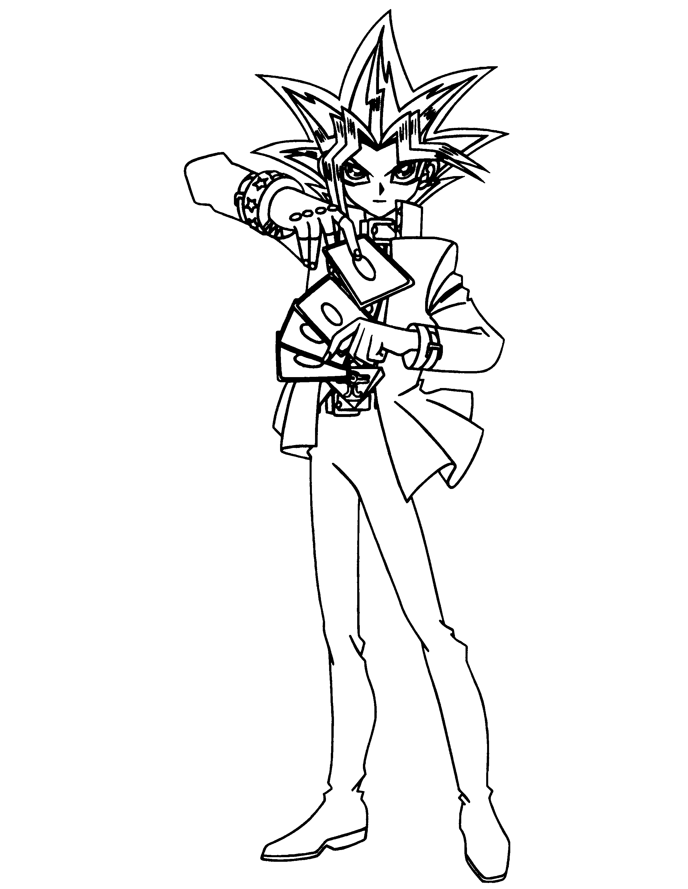 Coloriage de Yugi Muto en pleine stratégie avec ses cartes