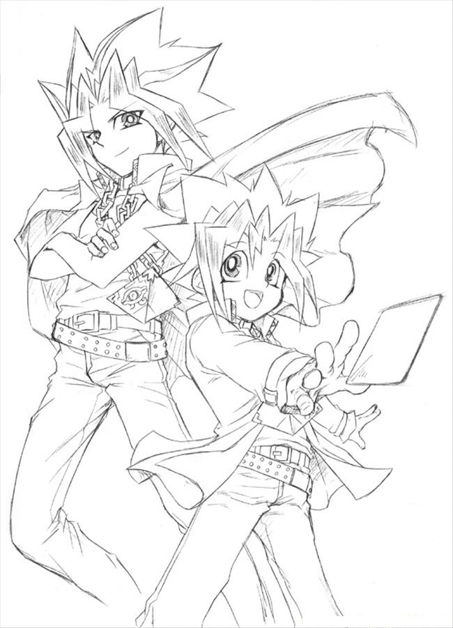 Personnages de Yu-Gi-Oh! prêts pour un duel dans un décor stylisé