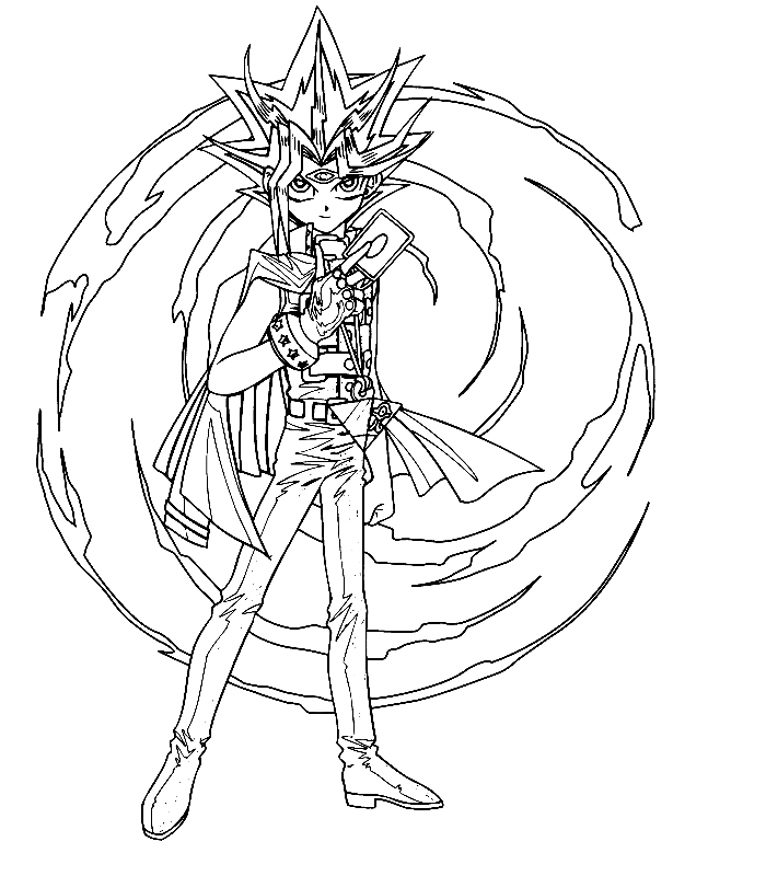 Personnage de Yu-Gi-Oh! en pleine action avec des cartes à jouer