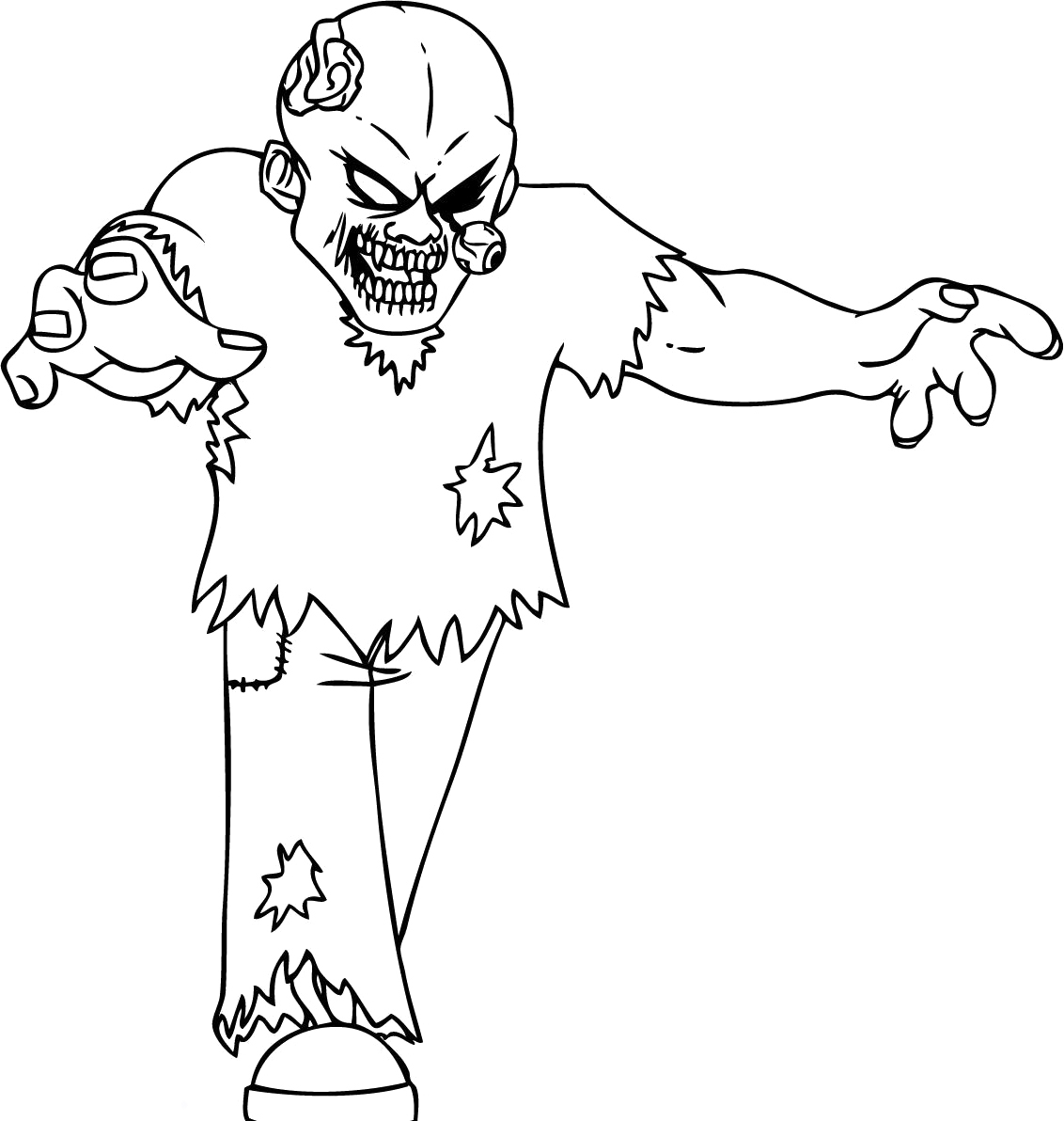 Coloriage d'un zombie au sourire malicieux dans un décor mystérieux