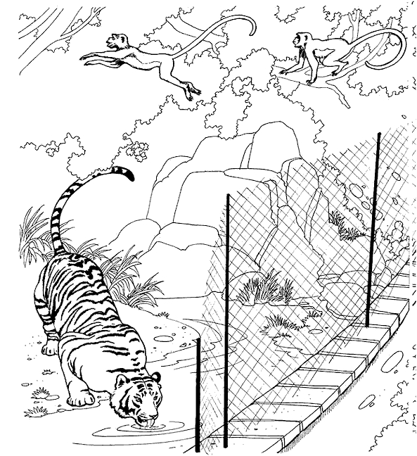 Scène de zoo avec un éléphant et des animaux aux alentours Scène de zoo avec un éléphant et des animaux aux alentours